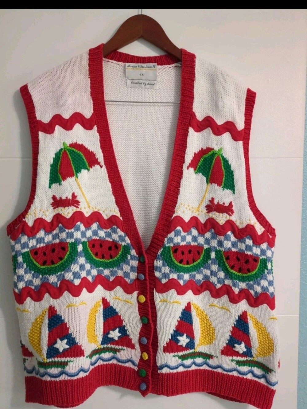Vintage Marisa Christina Hand Knit Summer Theme Colorful Vest Granny Core Sz 1X